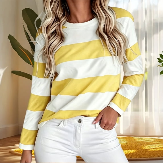 Bzdzmqm Womens Long Sleeve Striped Pullover Tops Casual Crew Neck Sweaters Fall Winter Loose Fit Knit Tees for Daily Work Office Outfits, Yellow L