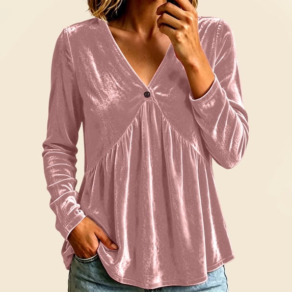 Bzdzmqm Womens Oversized V Neck Long Sleeve Button Down Ruffle Peplum Top Casual Fall Winter Tunic Blouse for Work Office Daily Wear, Pink M