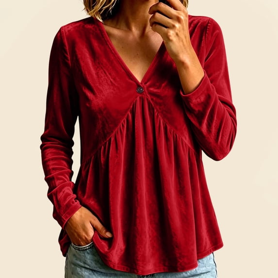 Bzdzmqm Womens Oversized V Neck Long Sleeve Button Down Ruffle Peplum Top Casual Fall Winter Tunic Blouse for Work Office Daily Wear, Red 3XL