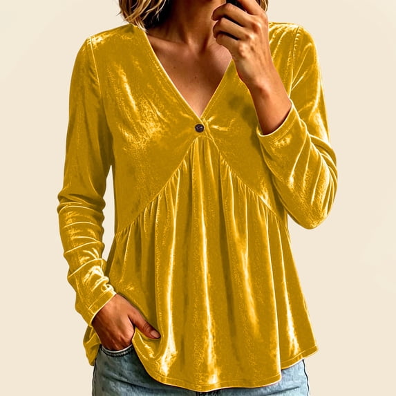 Bzdzmqm Womens Oversized V Neck Long Sleeve Button Down Ruffle Peplum Top Casual Fall Winter Tunic Blouse for Work Office Daily Wear, Yellow S