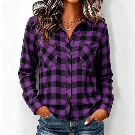 Bzdzmqm Womens Plaid Button Down Shirts Collared Long Sleeve Tops with Chest Pockets Relaxed Loose Fit Cozy Trendy Casual Fall Winter Business Work Wear, Purple XL