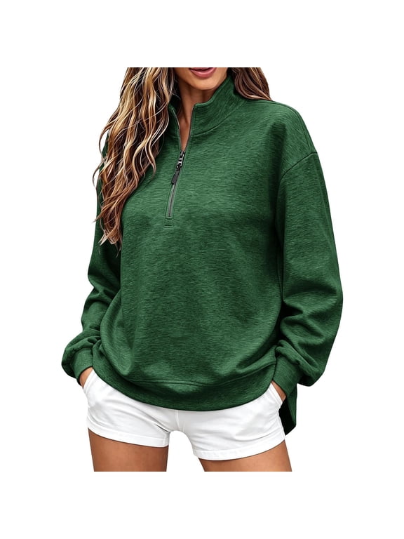 Womens Plus Size Half Zip Sweatshirt Mock Neck Drop Shoulder Side Slits Ribbed Cuffs Loose Fit Cozy Fall Winter Pullover, Green L