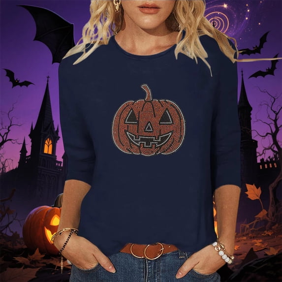 Bzdzmqm Womens Plus Size Halloween Tops 3/4 Sleeve Sequins Printed Round Neck Pullover Tee Casual Fall Shirts for Women Trendy Holiday Outfits, Navy S