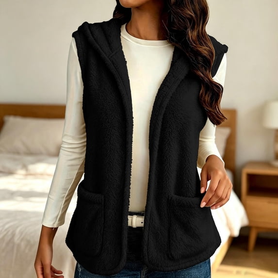 Bzdzmqm Womens Plus Size Hooded Fleece Vest Warm Winter Fall Casual Solid CoverUp Cozy Full Length Outerwear with Pockets Daily Wear, Black XL