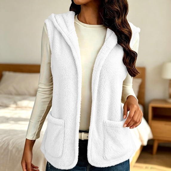 Bzdzmqm Womens Plus Size Hooded Fleece Vest Warm Winter Fall Casual Solid CoverUp Cozy Full Length Outerwear with Pockets Daily Wear, White L
