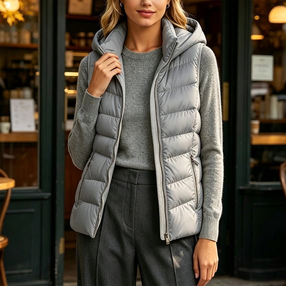 Bzdzmqm Womens Plus Size Hooded Zip Up Vest Warm Casual CoverUp Outwear Fall Winter Basic Jacket for Women Outdoor Daily Wear, Gray S