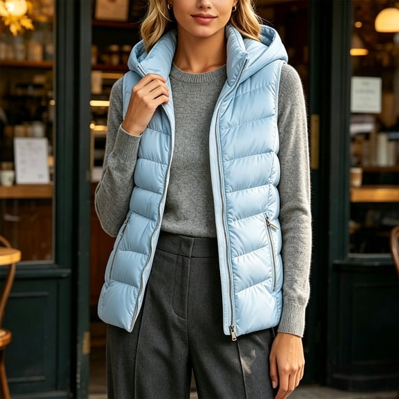 Bzdzmqm Womens Plus Size Hooded Zip Up Vest Warm Casual CoverUp Outwear Fall Winter Basic Jacket for Women Outdoor Daily Wear, Light Blue 3XL