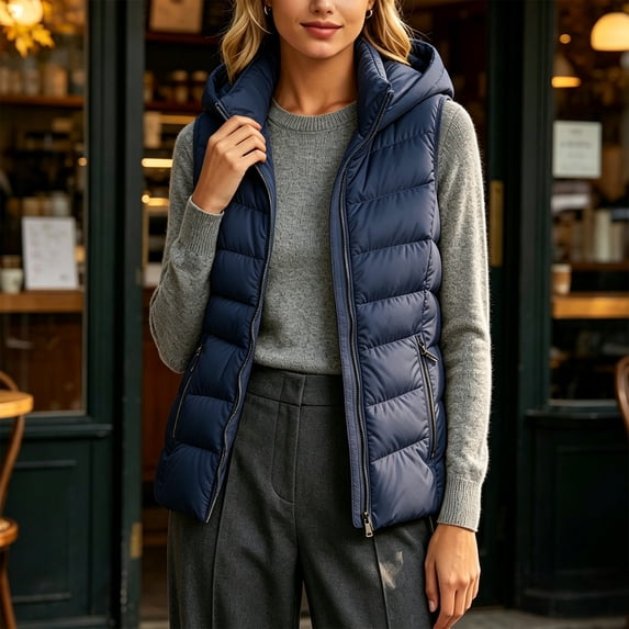 Bzdzmqm Womens Plus Size Hooded Zip Up Vest Warm Casual CoverUp Outwear Fall Winter Basic Jacket for Women Outdoor Daily Wear, Navy L