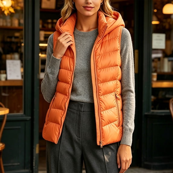 Bzdzmqm Womens Plus Size Hooded Zip Up Vest Warm Casual CoverUp Outwear Fall Winter Basic Jacket for Women Outdoor Daily Wear, Orange 2XL