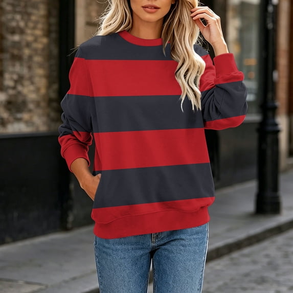 Bzdzmqm Womens Plus Size Long Sleeve Striped Pullover Sweaters Casual Loose Fit Tunic Tops Fall Winter Crew Neck Knit Blouses for Work Office Daily Wear, Red XL