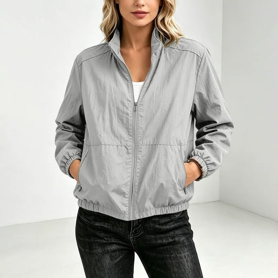 Bzdzmqm Womens Plus Size Zip Up Jackets for Women Fall Spring Collared Long Sleeve Casual Solid Outdoor Lightweight Coat Blazer for Work Travel, Gray 2XL