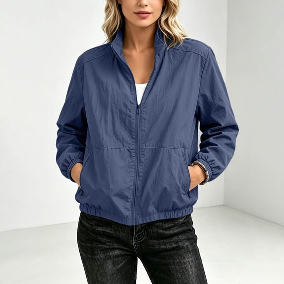 Bzdzmqm Womens Plus Size Zip Up Jackets for Women Fall Spring Collared Long Sleeve Casual Solid Outdoor Lightweight Coat Blazer for Work Travel, Navy 2XL