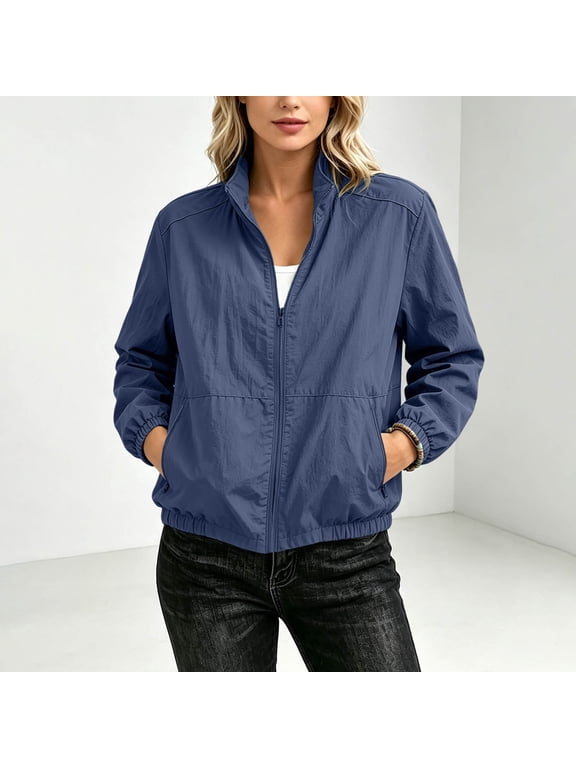 Womens Plus Size Zip Up Jackets for Women Fall Spring Collared Long Sleeve Casual Solid Outdoor Lightweight Coat Blazer for Work Travel, Navy 5XL