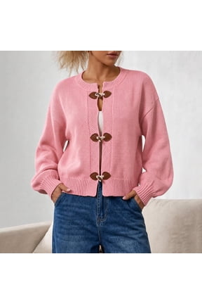 Womens Toggle Cardigan Sweater Open Front Drop Shoulder Cropped Knit Jacket with Ribbed Cuffs Fall Winter Casual Work Office Wear, Pink M