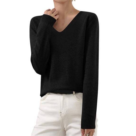 Bzdzmqm Womens V Neck Sweaters Long Sleeve Ribbed Knit Pullover Tops Relaxed Loose Fit Cozy Fall Winter Work Office Wear, Black S