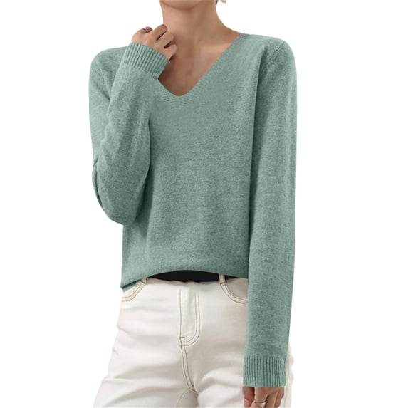 Bzdzmqm Womens V Neck Sweaters Long Sleeve Ribbed Knit Pullover Tops Relaxed Loose Fit Cozy Fall Winter Work Office Wear, Green S