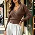 thumbnail image 1 of Bzdzmqm Womens V Neck Wrap Sweater Long Sleeve Ribbed Knit Slim Fit Pullover Top Fall Winter Office Work Wear, Coffee XL, 1 of 9