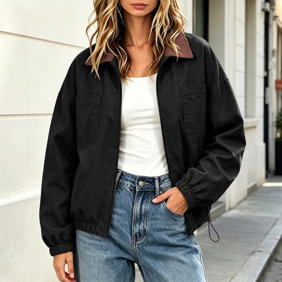Bzdzmqm Womens Zip Up Utility Jacket Contrast Collar Drop Shoulder Chest Pockets Elastic Cuffs Drawstring Hem Loose Casual Fall Winter Outerwear, Black S