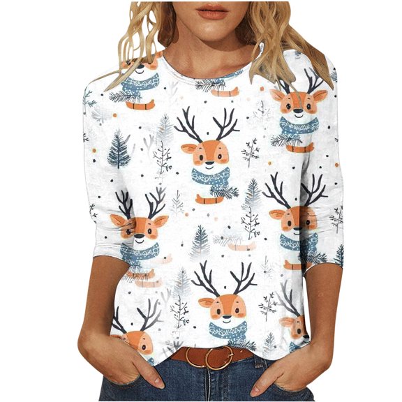 Bzhegqhd 3/4 Length Sleeve Tops for Women Christmas Printed Blouse Round Neck Pullover T-shirts Loose Fit Casual Fashion Tee Holiday Party Wear Soft Comfortable Gift