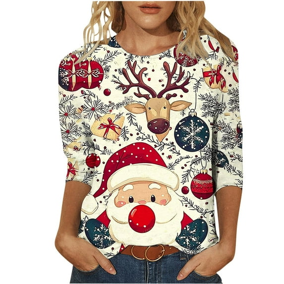 Bzhegqhd 3/4 Length Sleeve Tops for Women Christmas Printed Blouse Round Neck Pullover T-shirts Loose Fit Casual Fashion Tee Holiday Party Wear Soft Comfortable Gift