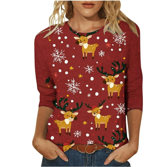 Bzhegqhd 3/4 Length Sleeve Tops for Women Christmas Printed Blouse Round Neck Pullover T-shirts Loose Fit Casual Fashion Tee Holiday Party Wear Soft Comfortable Gift
