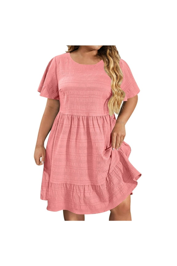 Boho Maxi Dresses for Women Plus Size Casual Dress Short Sleeve Round Neck Solid Color Shift Day Dress Relaxed Fit Cotton T-Shirt Dress Midi Length