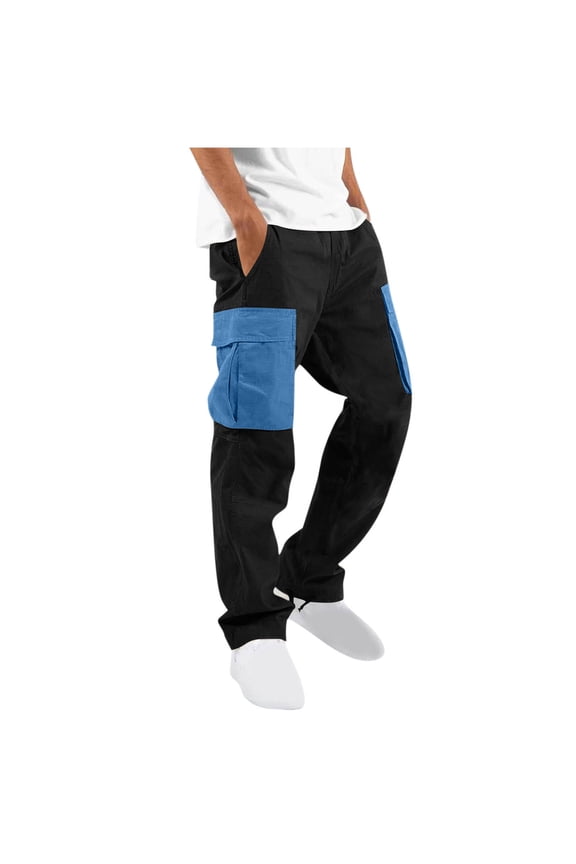 Cargo Pants for Men Two Tone Color Block Pants Drawstring Waist Multi Pocket Straight Leg Outdoor Hiking Workout Trousers Military Style Casual Joggers Fashion Athletic Pant