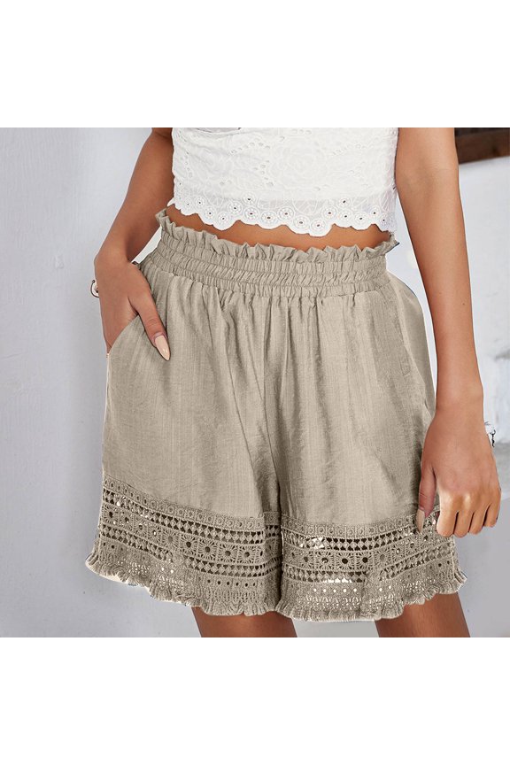 Fashion Women Summer Lace Elastic Waist Casual Shorts Pocket Pants
