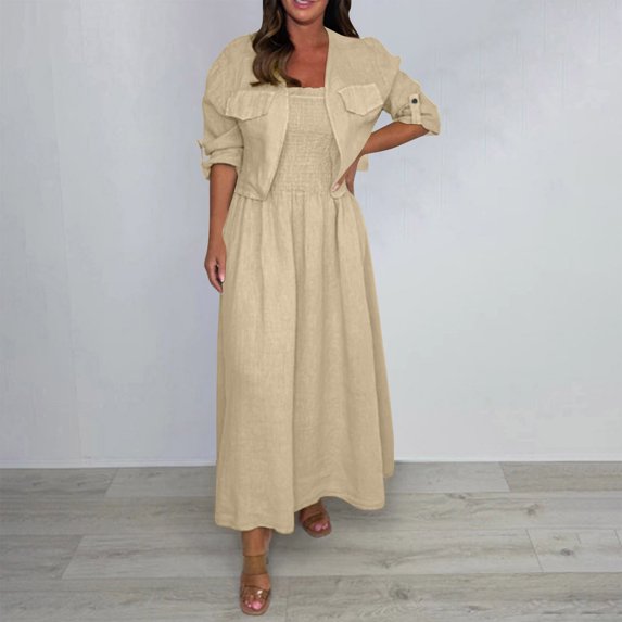 Bzhegqhd Fashion Women Summer Solid Casual 3/4 Sleeve Top+ Skirt Set with Pockets