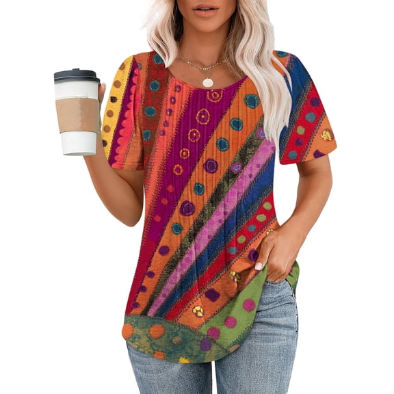 Bzhegqhd Fashion Women's Print Short Sleeve Round Neck Casual Summer Blouses Top