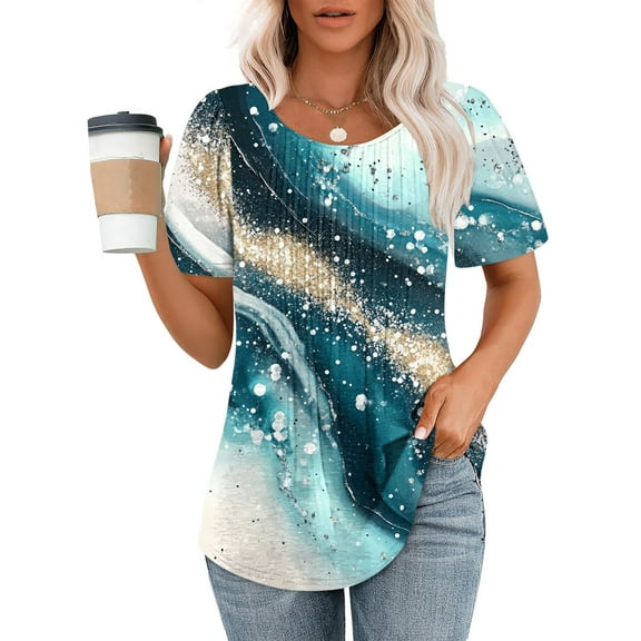 Bzhegqhd Fashion Women's Print Short Sleeve Round Neck Casual Summer Blouses Top