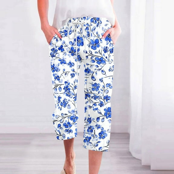 Bzhegqhd Fragrant Linen Gradient Printed Loose Women Fashionable Drawstring Pants Cropped Pants