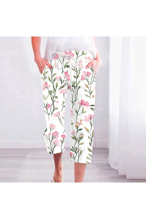Fragrant Linen Gradient Printed Loose Women Fashionable Drawstring Pants Cropped Pants
