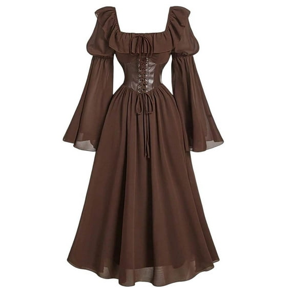 Bzhegqhd Gothic Dresses for Women PU Leather & Chiffon Patchwork Flare Sleeve Square Neck Corset Lacing Maxi Dress Retro Court Elegant Ruffle Dress