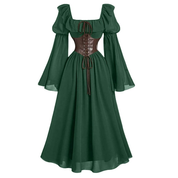Bzhegqhd Gothic Dresses for Women PU Leather & Chiffon Patchwork Flare Sleeve Square Neck Corset Lacing Maxi Dress Retro Court Elegant Ruffle Dress