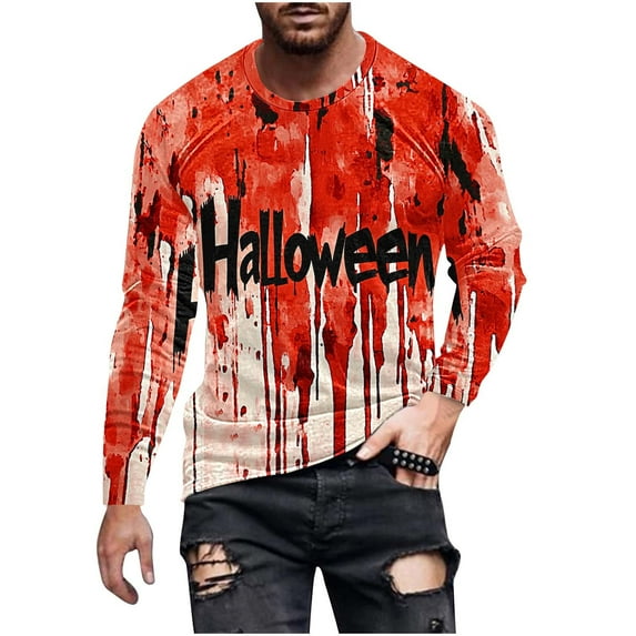 Bzhegqhd Halloween Graphic T-Shirts for Men Long Sleeve Round Neck Pullover Casual Printed Blouse Seasonal theme Top Cotton Blend Streetwear Festival Costume Apparel Tees
