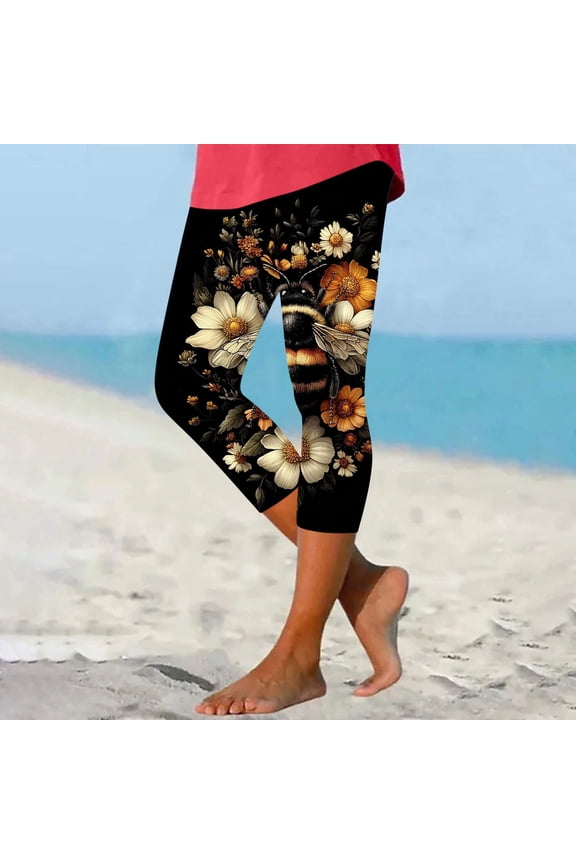 Ladies' Bee Day Printed Leggings Yoga Casual Cropped Pants Bottom Cropped Pants