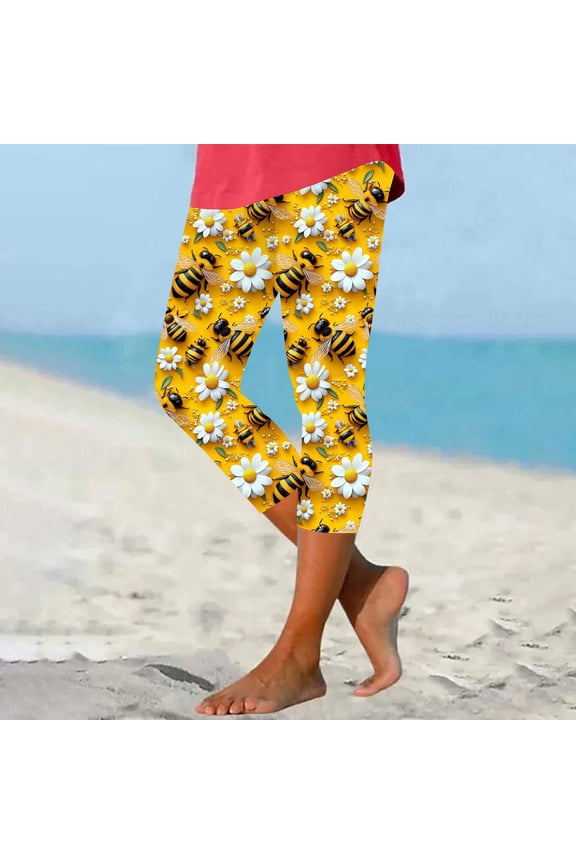 Ladies' Bee Day Printed Leggings Yoga Casual Cropped Pants Bottom Cropped Pants
