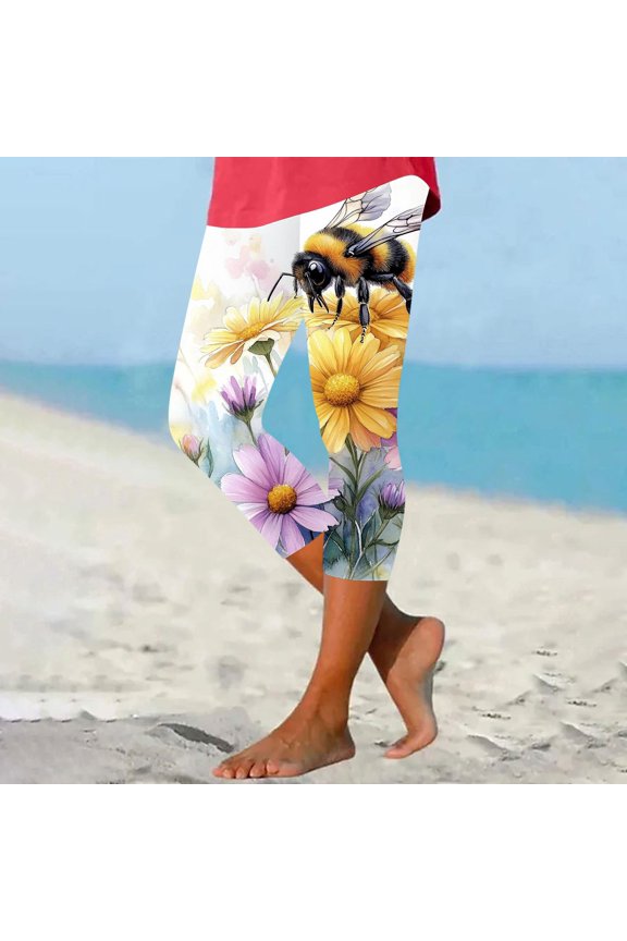 Ladies' Bee Day Printed Leggings Yoga Casual Cropped Pants Bottom Cropped Pants