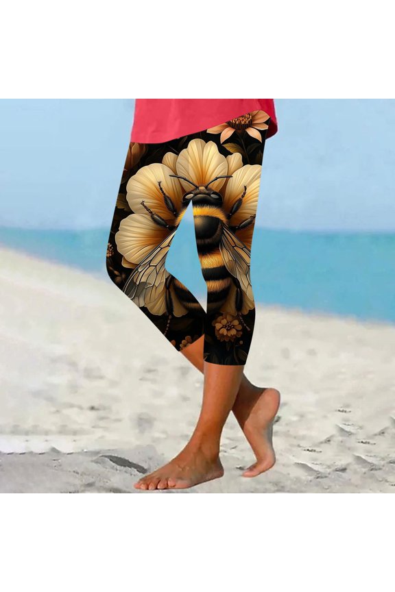 Ladies' Bee Day Printed Leggings Yoga Casual Cropped Pants Bottom Cropped Pants