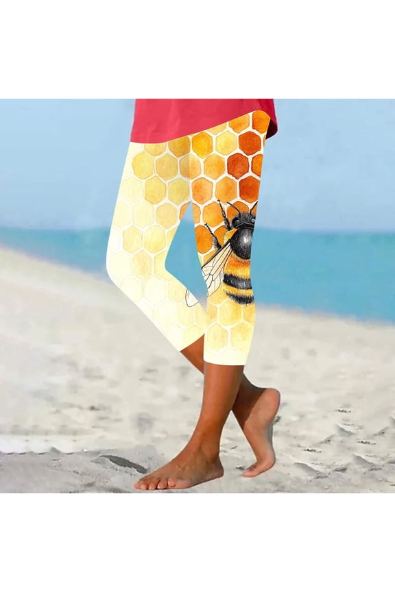 Ladies' Bee Day Printed Leggings Yoga Casual Cropped Pants Bottom Cropped Pants