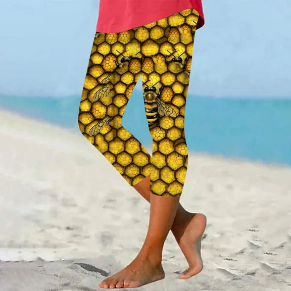Bzhegqhd Ladies' Bee Day Printed Leggings Yoga Casual Cropped Pants Bottom Cropped Pants