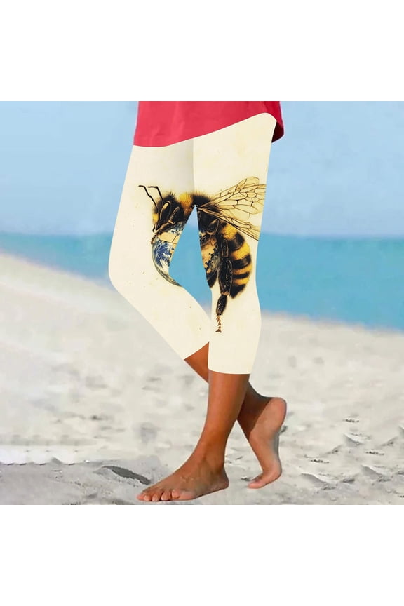 Ladies' Bee Day Printed Leggings Yoga Casual Cropped Pants Bottom Cropped Pants