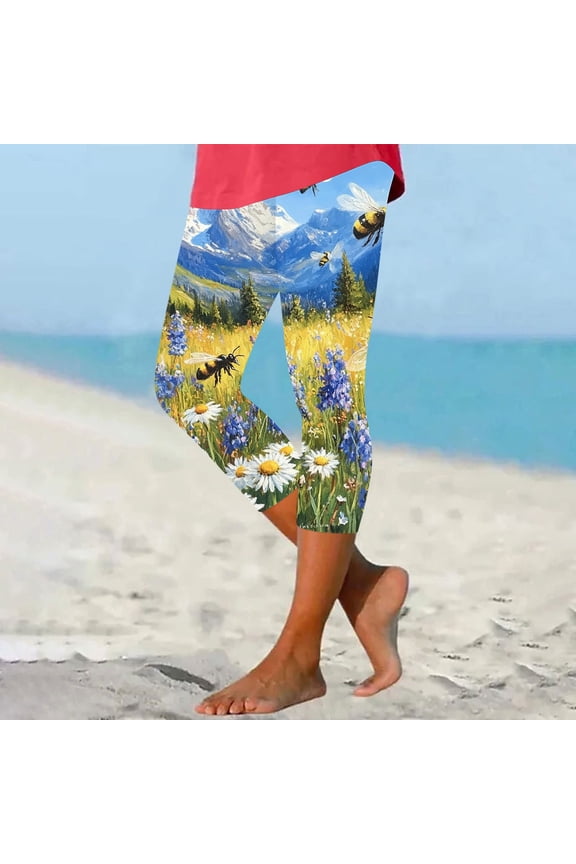 Ladies' Bee Day Printed Leggings Yoga Casual Cropped Pants Bottom Cropped Pants