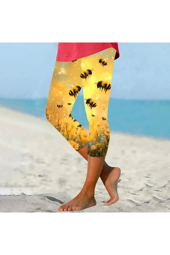 Ladies' Bee Day Printed Leggings Yoga Casual Cropped Pants Bottom Cropped Pants