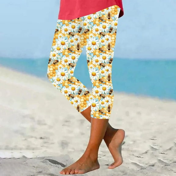 Bzhegqhd Ladies' Bee Day Printed Leggings Yoga Casual Cropped Pants Bottom Cropped Pants
