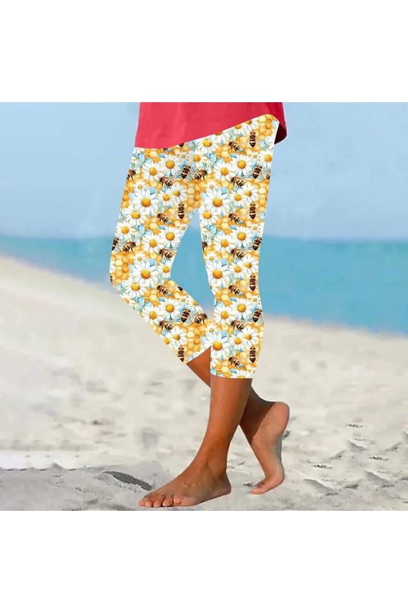 Ladies' Bee Day Printed Leggings Yoga Casual Cropped Pants Bottom Cropped Pants