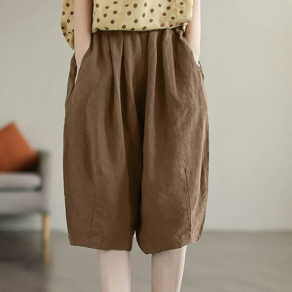 Bzhegqhd Ladies' Fashionable Solid Color Loose Elastic Waist Cotton Linen Women's Pants Five Quarter Pants