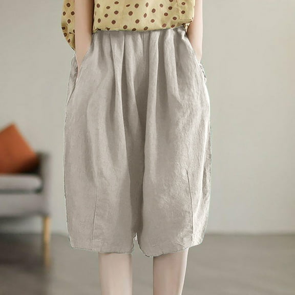 Bzhegqhd Ladies' Fashionable Solid Color Loose Elastic Waist Cotton Linen Women's Pants Five Quarter Pants