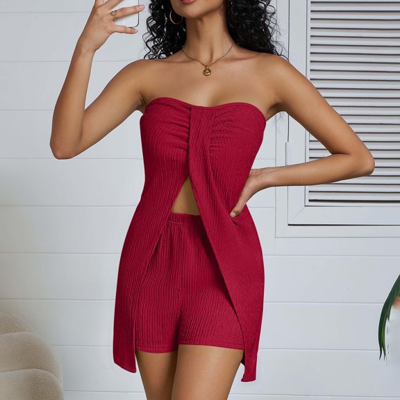 Bzhegqhd Ladies' Spring/Summer Fashion Casual Solid Color Strapless Top and Shorts Set